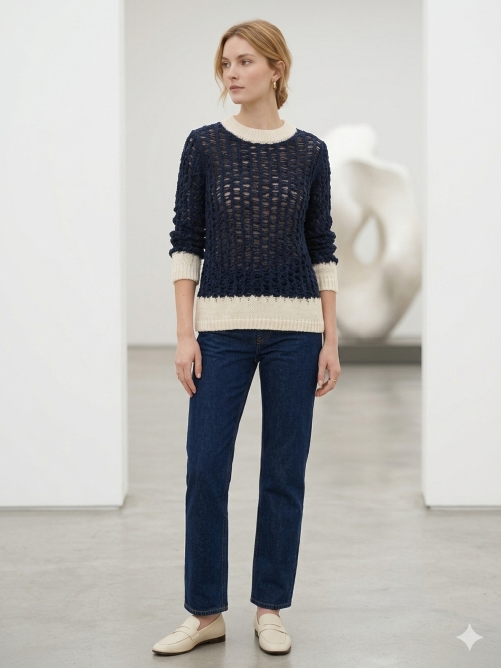 Chloe Mainline 2015 Runway Shredded Open Knit Sweater Navy Cream XS